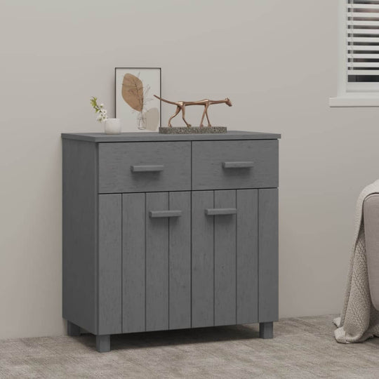 Dark grey pinewood sideboard with two doors and two drawers, perfect for storage and home decor.