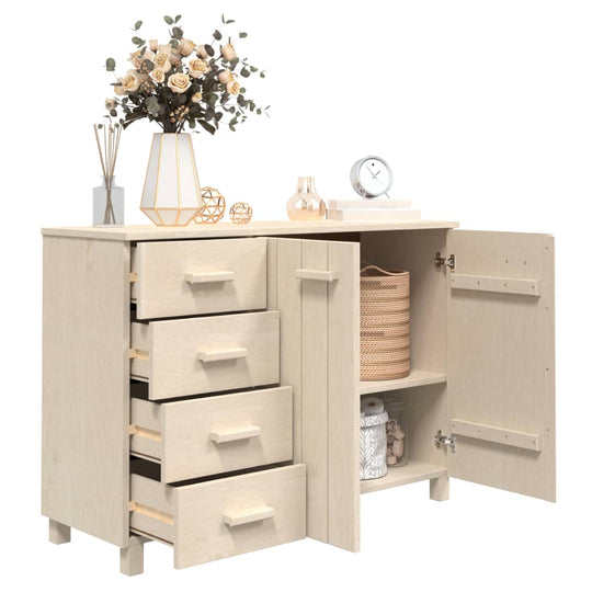 Sideboard with four drawers and two doors, decorated with flowers and accessories, showcasing ample storage and style.