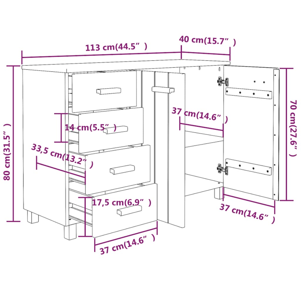 Dimensions diagram for HAMAR Honey Brown sideboard, showing measurements in cm and inches for storage and design layout.