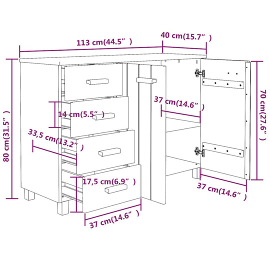 Dimensions diagram for HAMAR Honey Brown sideboard, showing measurements in cm and inches for storage and design layout.