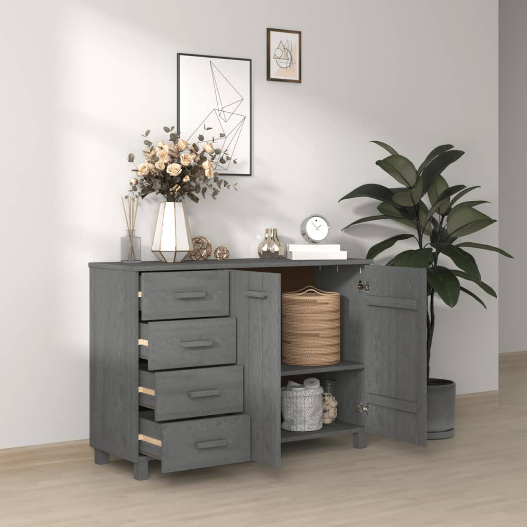 Dark grey sideboard made of solid pinewood, featuring drawers and doors, styled in a modern decor setting with plants and decor items.