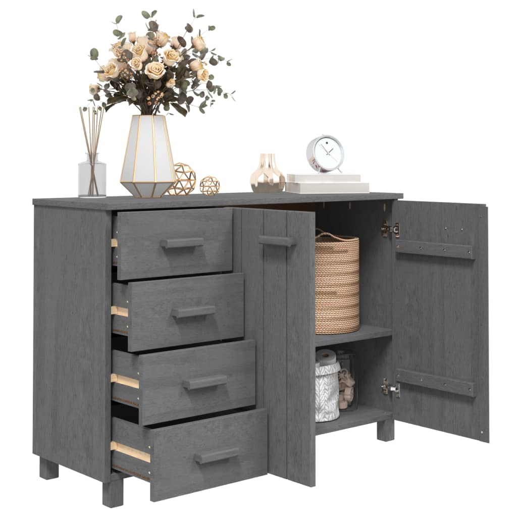 Dark grey sideboard with 2 doors and 4 drawers, featuring decorative items and a floral arrangement on top.