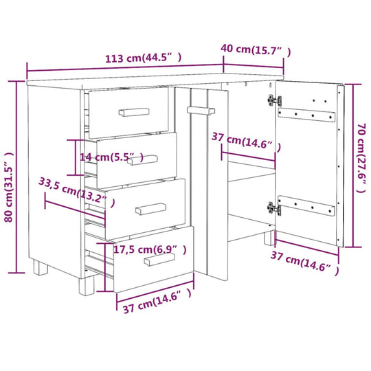 Sideboard HAMAR dimensions drawing, showcasing measurements: 113x40x80 cm, solid wood pine construction with storage details.