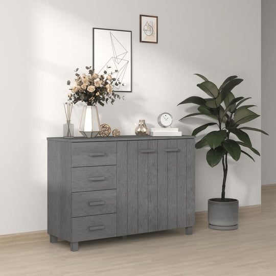 Sideboard HAMAR in dark grey with drawers and doors, styled with decor in a modern interior setting.