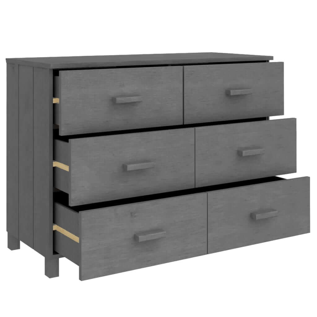 Dark grey sideboard with six smooth sliding drawers made of solid pinewood for stylish storage and display.