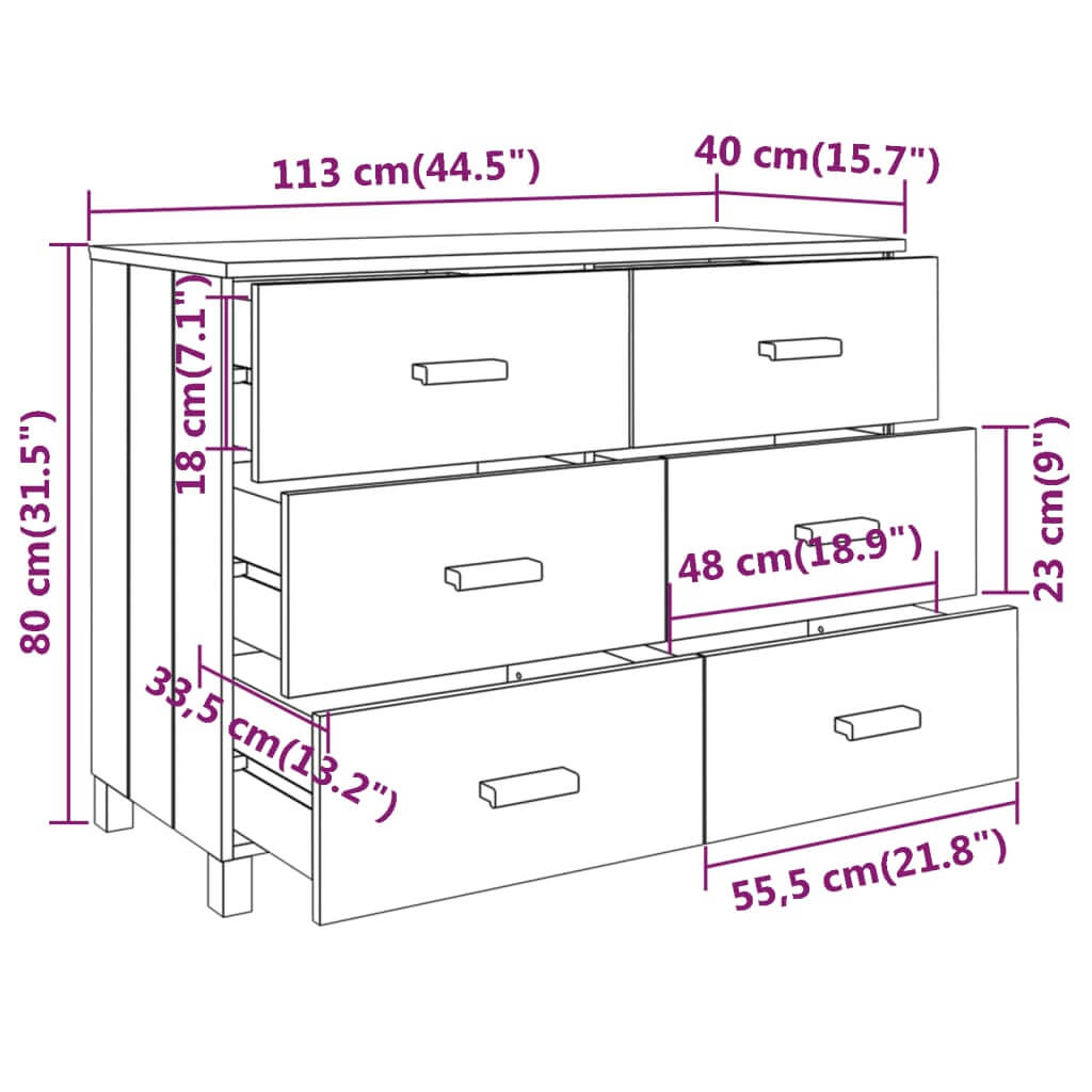 Sideboard HAMAR dark grey with dimensions 113x40x80 cm and six drawers, showcasing sturdy pinewood construction.