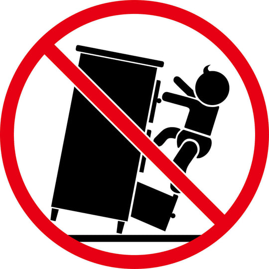 Warning symbol against climbing on furniture for child safety.