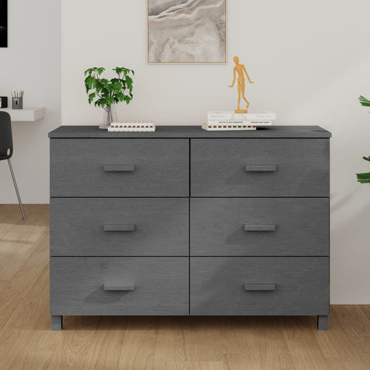 Sideboard HAMAR in dark grey with six drawers, made of solid pinewood, enhancing modern home decor.