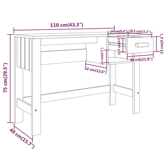 Desk HAMAR Dark 110x40x75 cm Solid Wood Pine dimensions and structure illustration.