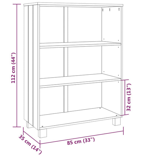 Dimensions of the Book Cabinet HAMAR in honey brown, showcasing 3 shelves with measurements 85x35x112 cm.