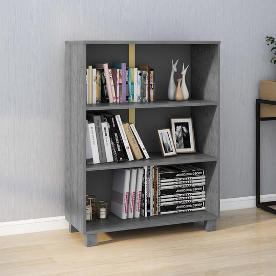 Dark grey solid wood book cabinet with three shelves for books and decorative items, perfect for home decor.