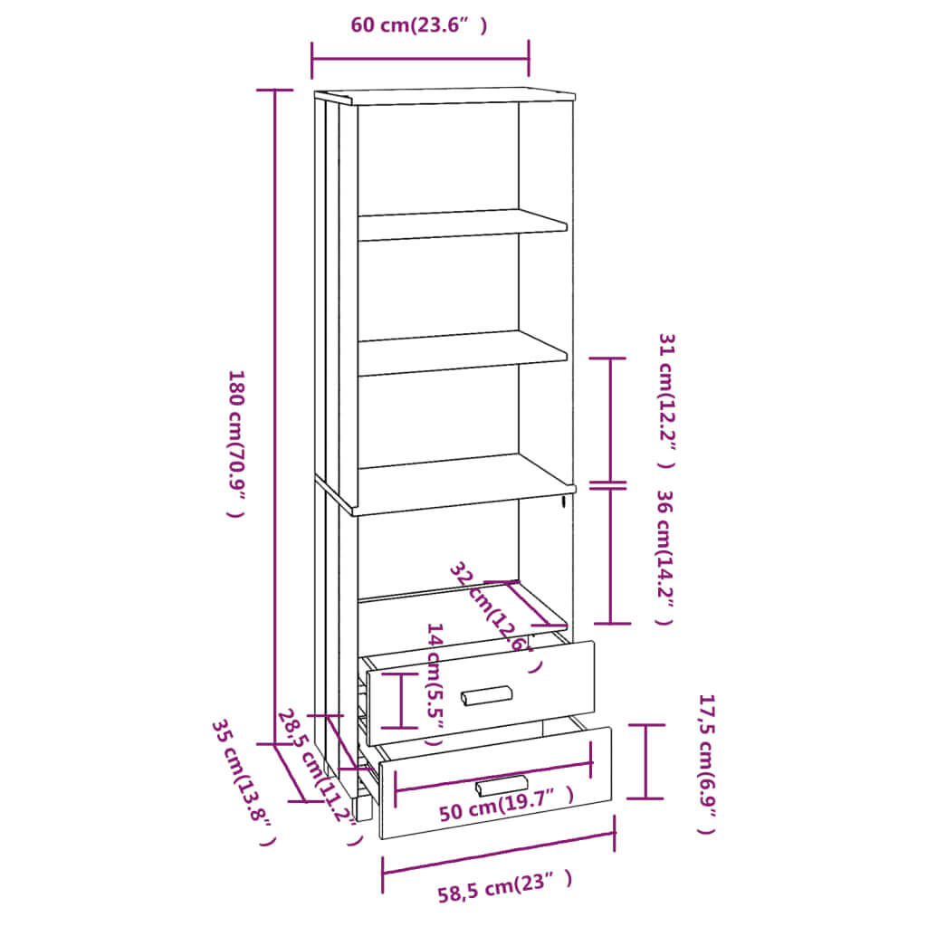 Dimensions diagram of Highboard HAMAR Light 60x35x180 cm Solid Wood Pine with shelves and drawers layout.