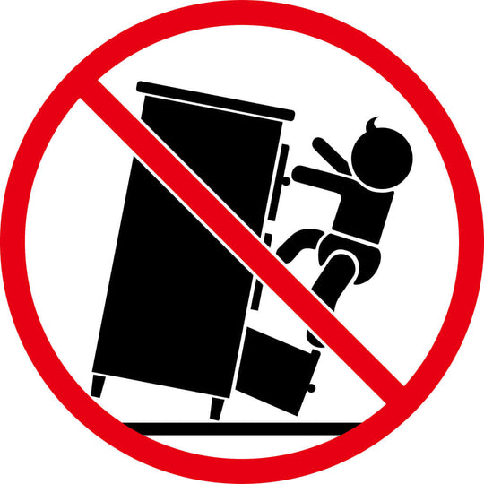 Safety warning symbol showing child tipping over furniture. Do not climb on furniture.