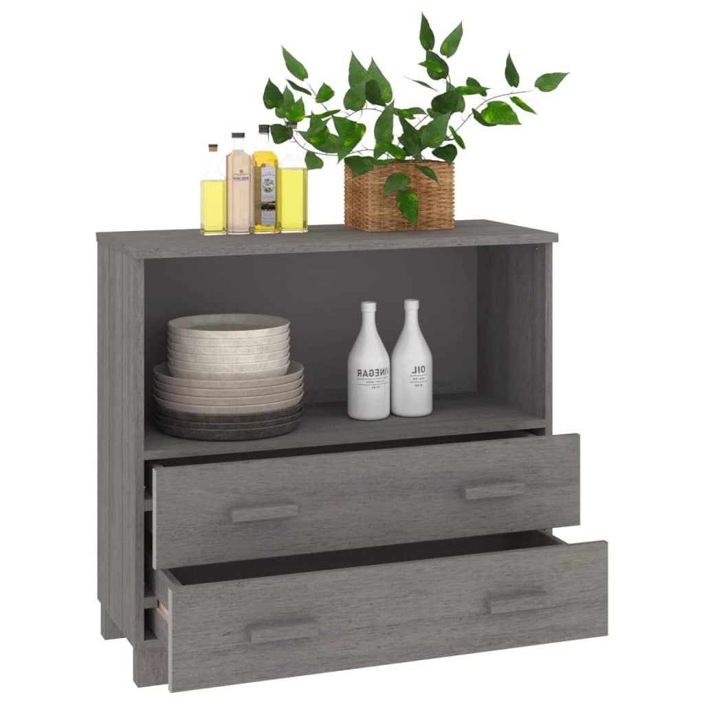 Sideboard HAMAR in light grey with two drawers, a shelf, and decorative items, made of solid pinewood, 85x35x80 cm.