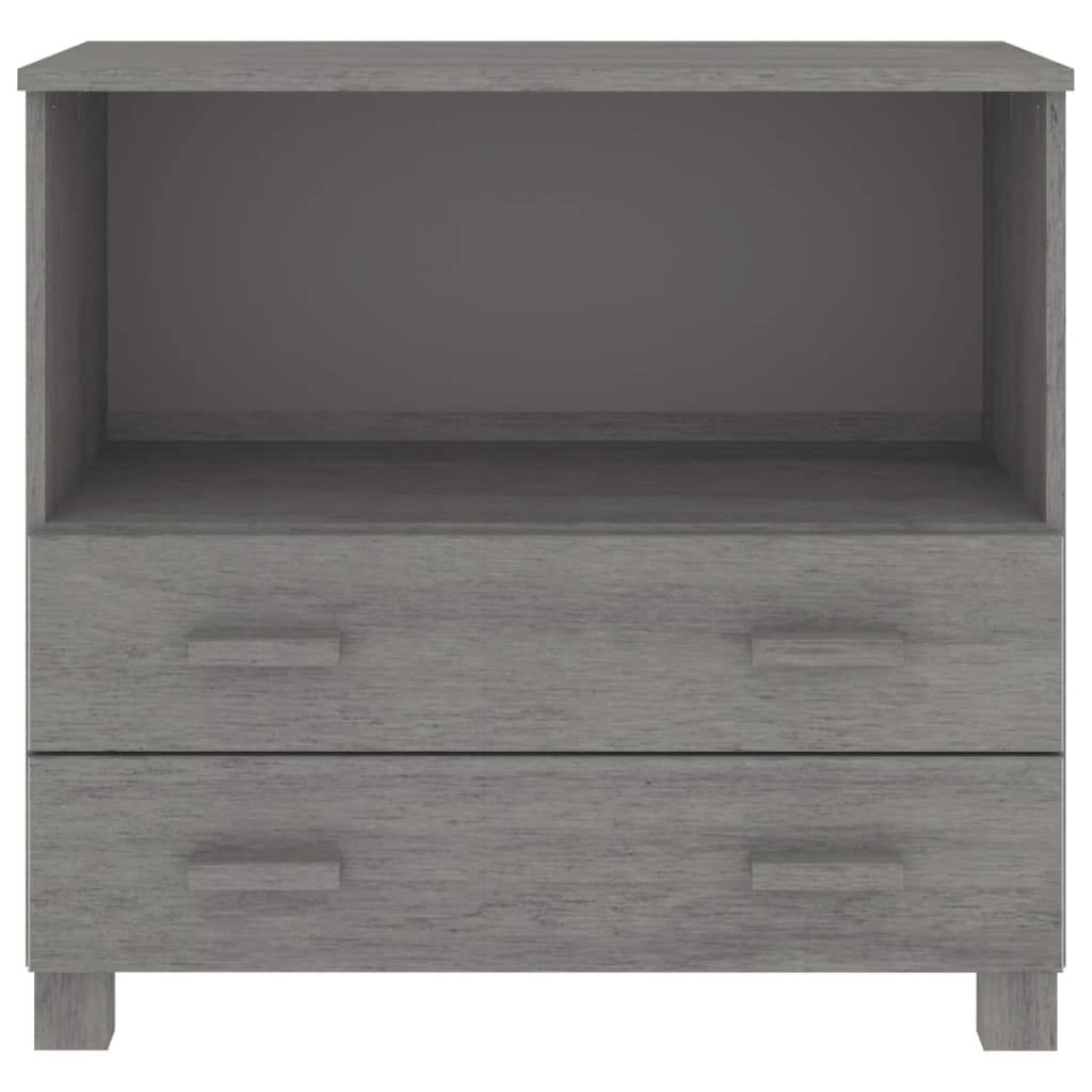 Light grey wooden sideboard with one compartment and two drawers, made of solid pinewood for durable storage.