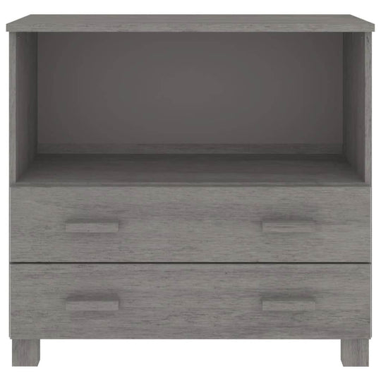 Light grey wooden sideboard with one compartment and two drawers, made of solid pinewood for durable storage.