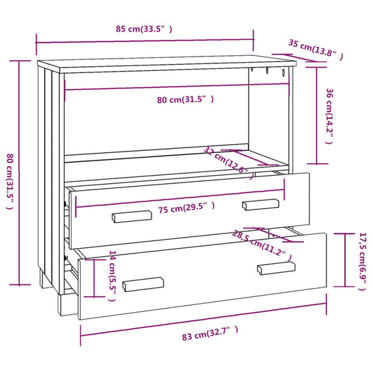 Drawing of sideboard dimensions 85x35x80 cm, showing compartments and drawer sizes for the Light Grey Solid Wood Pine sideboard.