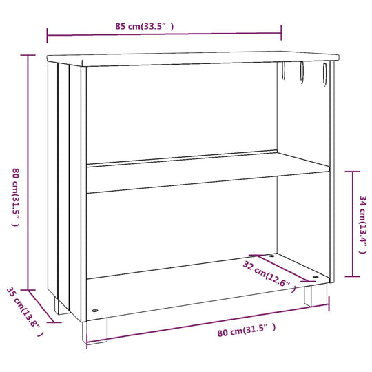 Dimensions diagram of the Sideboard HAMAR in light grey, showcasing measurements: 85x35x80 cm, with two shelves.