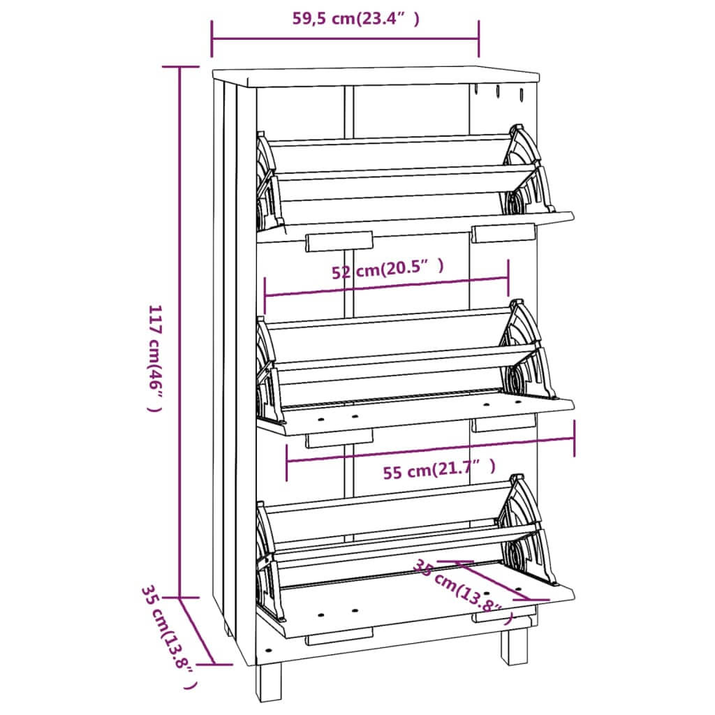 Dimensions of the Shoe Cabinet HAMAR in light grey, showing measurements for shoe storage and design features.