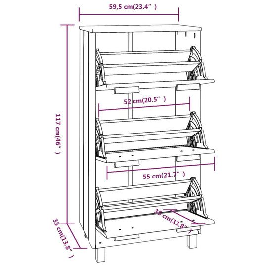 Dimensions of the Shoe Cabinet HAMAR in light grey, showing measurements for shoe storage and design features.