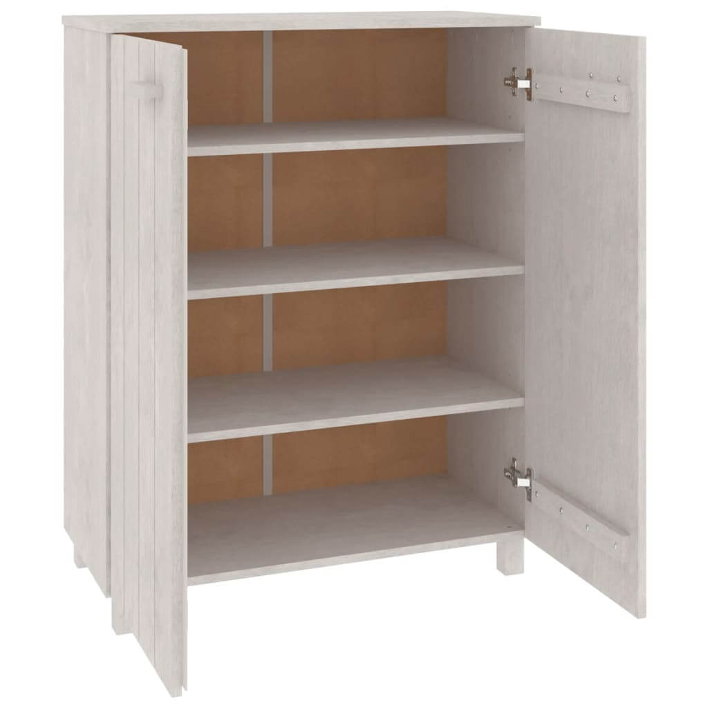 White wooden shoe cabinet with open doors and four shelves, showcasing solid pine wood construction.