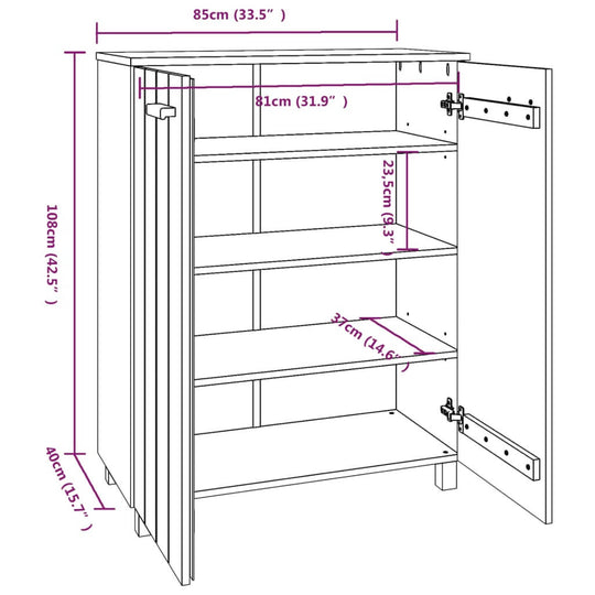 Dimensions of the HAMAR White Shoe Cabinet, showcasing measurements for height, width, depth, and shelf space in solid pine wood.