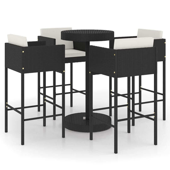 5 Piece Garden Bar Set with Cushions Poly Rattan featuring a round table and four high stools in black.