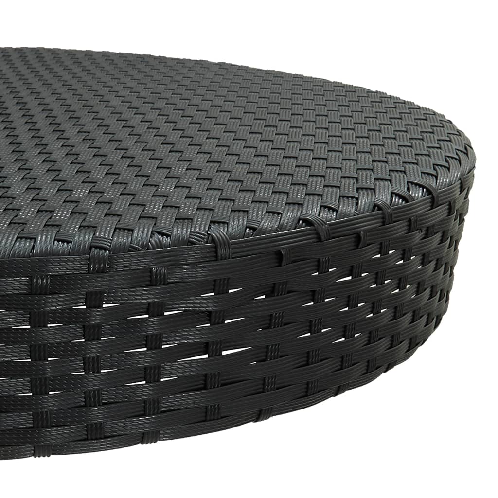 Close-up view of the round tabletop of the 5 Piece Garden Bar Set with Cushions Poly Rattan. Durable woven design.