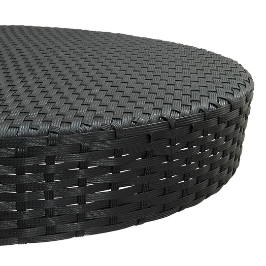 Close-up view of the round tabletop of the 5 Piece Garden Bar Set with Cushions Poly Rattan. Durable woven design.