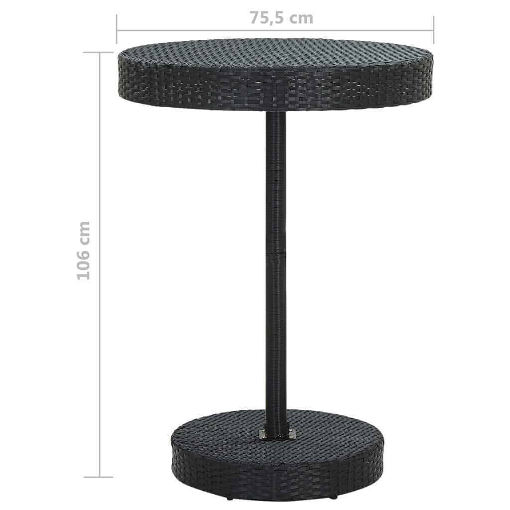 5 Piece Garden Bar Set with Cushions Poly Rattan round table with black woven design, 75.5 cm diameter, 106 cm height.