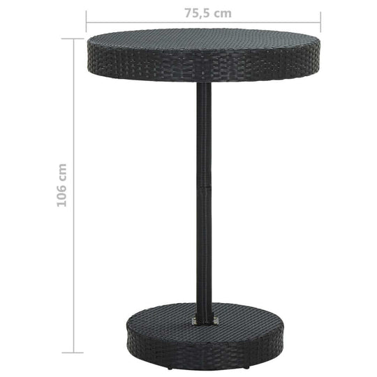 5 Piece Garden Bar Set with Cushions Poly Rattan round table with black woven design, 75.5 cm diameter, 106 cm height.