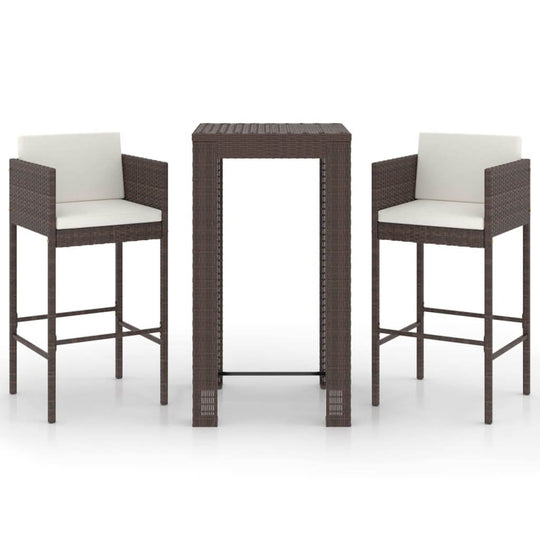 3 Piece Garden Bar Set with Cushions Poly Rattan featuring two barstools and a table in a stylish design.