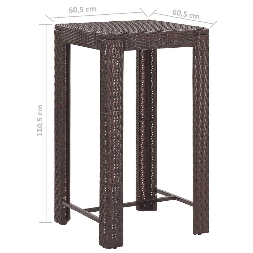 3 Piece Garden Bar Set with Cushions Poly Rattan tall table with PE rattan in dark brown finish and dimensions shown.