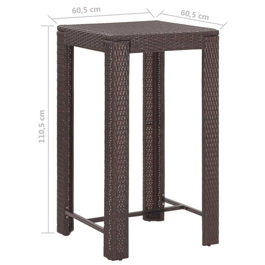 3 Piece Garden Bar Set with Cushions Poly Rattan tall table with PE rattan in dark brown finish and dimensions shown.