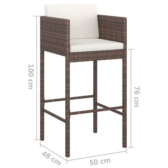 5 Piece Garden Bar Set with Cushions Poly Rattan high bar stool with cream cushion and dimensions.