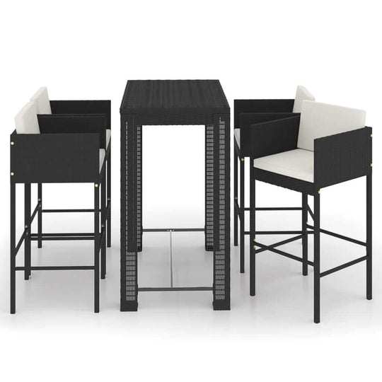 5 Piece Garden Bar Set with Cushions Poly Rattan featuring a table and chairs in black and white.