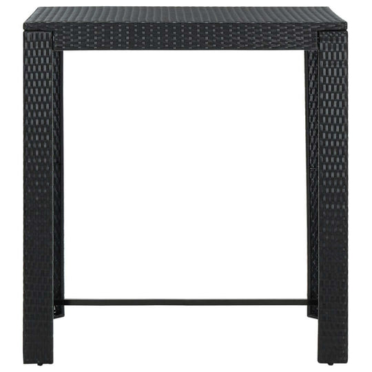5 Piece Garden Bar Set with Cushions Poly Rattan black bar table front view, made of durable PE rattan.