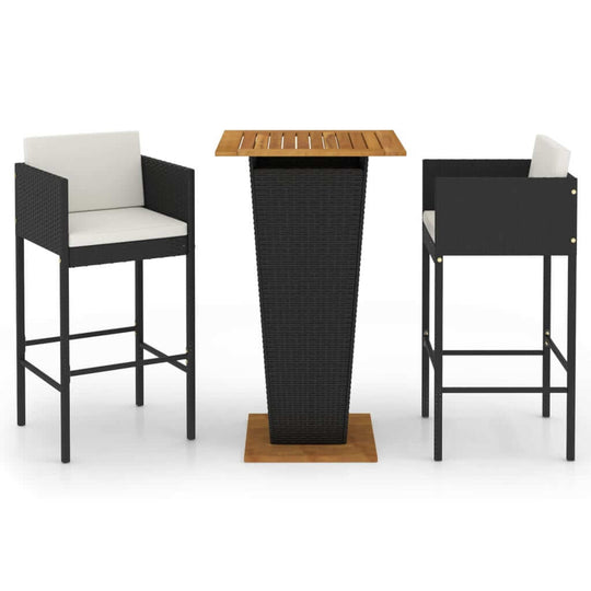 3 Piece Garden Bar Set with Cushions Poly Rattan featuring stylish bar stools and a wooden tabletop