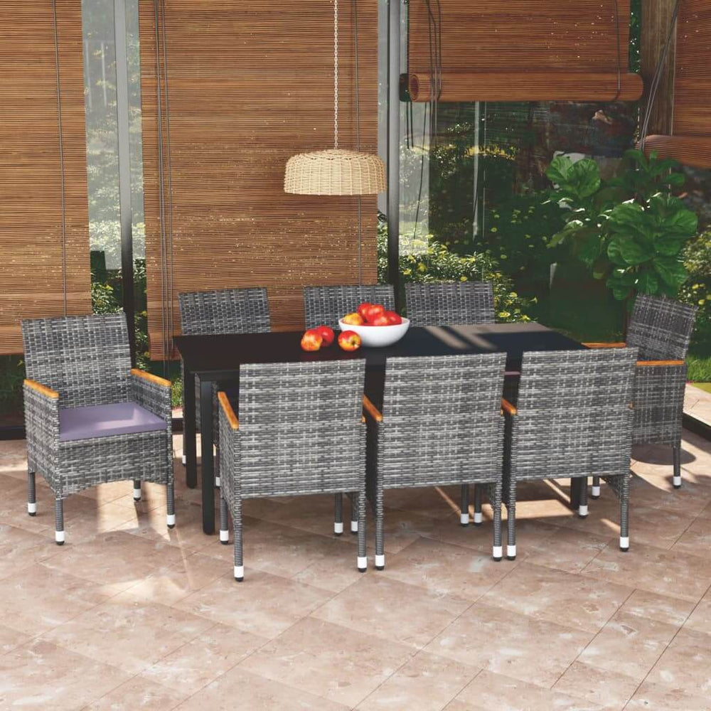 9 Piece Poly Rattan Garden Dining Set with Cushions on a Patio with Acacia Wood Armrests, Perfect for Outdoor Furniture and Garden Lounge