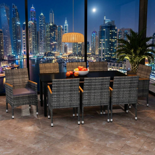 9 Piece Poly Rattan Garden Dining Set with Cushions on a Patio with Acacia Wood Armrests, Perfect for Outdoor Furniture and Garden Lounge