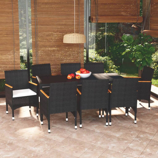 9 Piece Garden Dining Set with Cushions Poly Rattan Black