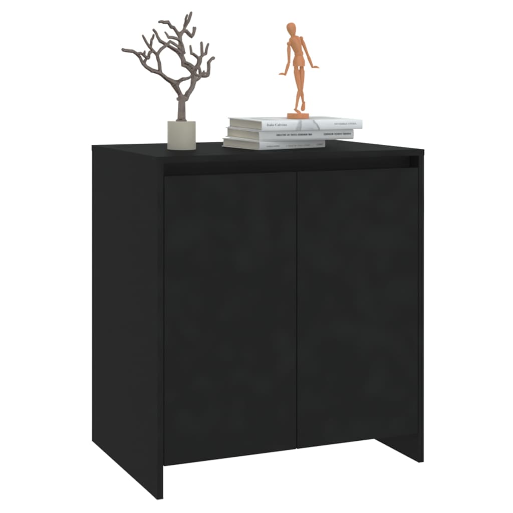 Black sideboard made from engineered wood with two doors and a decorative top showcasing plants and books.