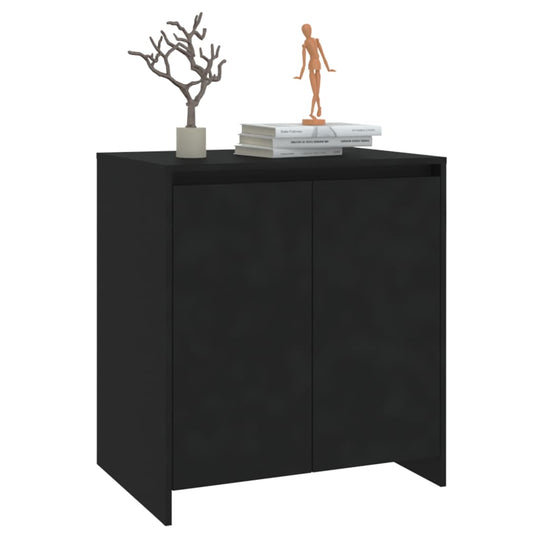 Black sideboard made from engineered wood with two doors and a decorative top showcasing plants and books.