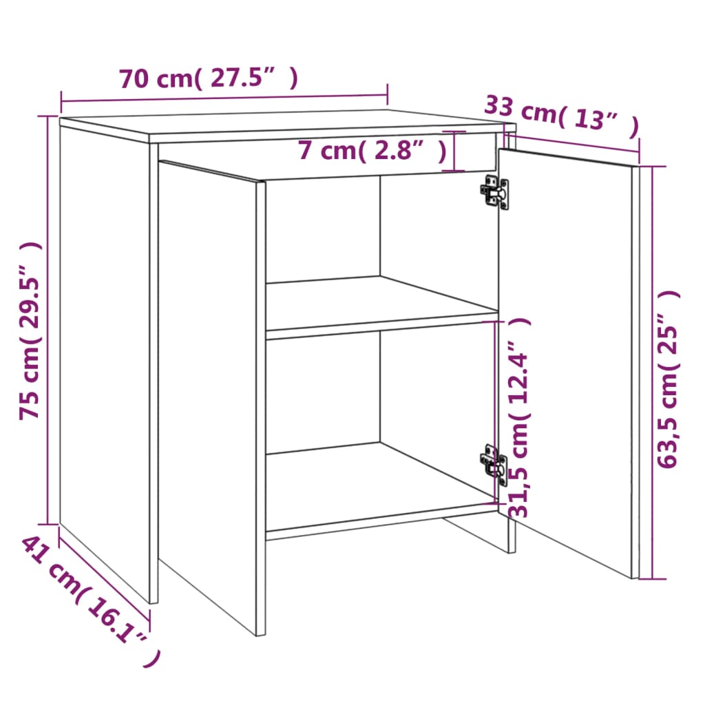 Dimensions of black engineered wood sideboard measuring 70x41x75 cm with 2 doors and ample storage space.