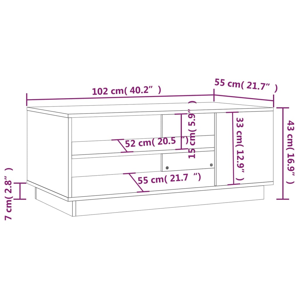 Dimensions of Coffee Table High Gloss 102x55x43 cm Engineered Wood with storage shelves.