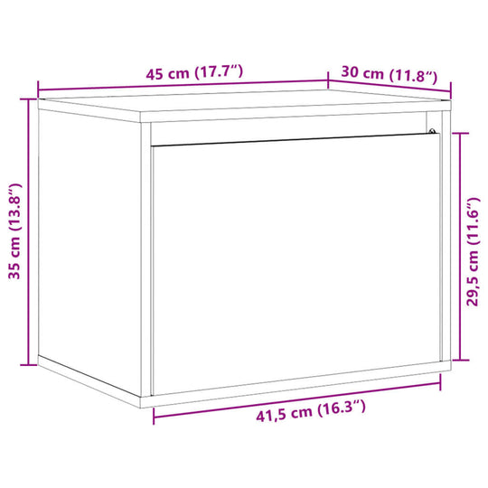 Dimensions of a white wall cabinet, 45x30x35 cm, solid pinewood, suitable for decor and storage solutions.