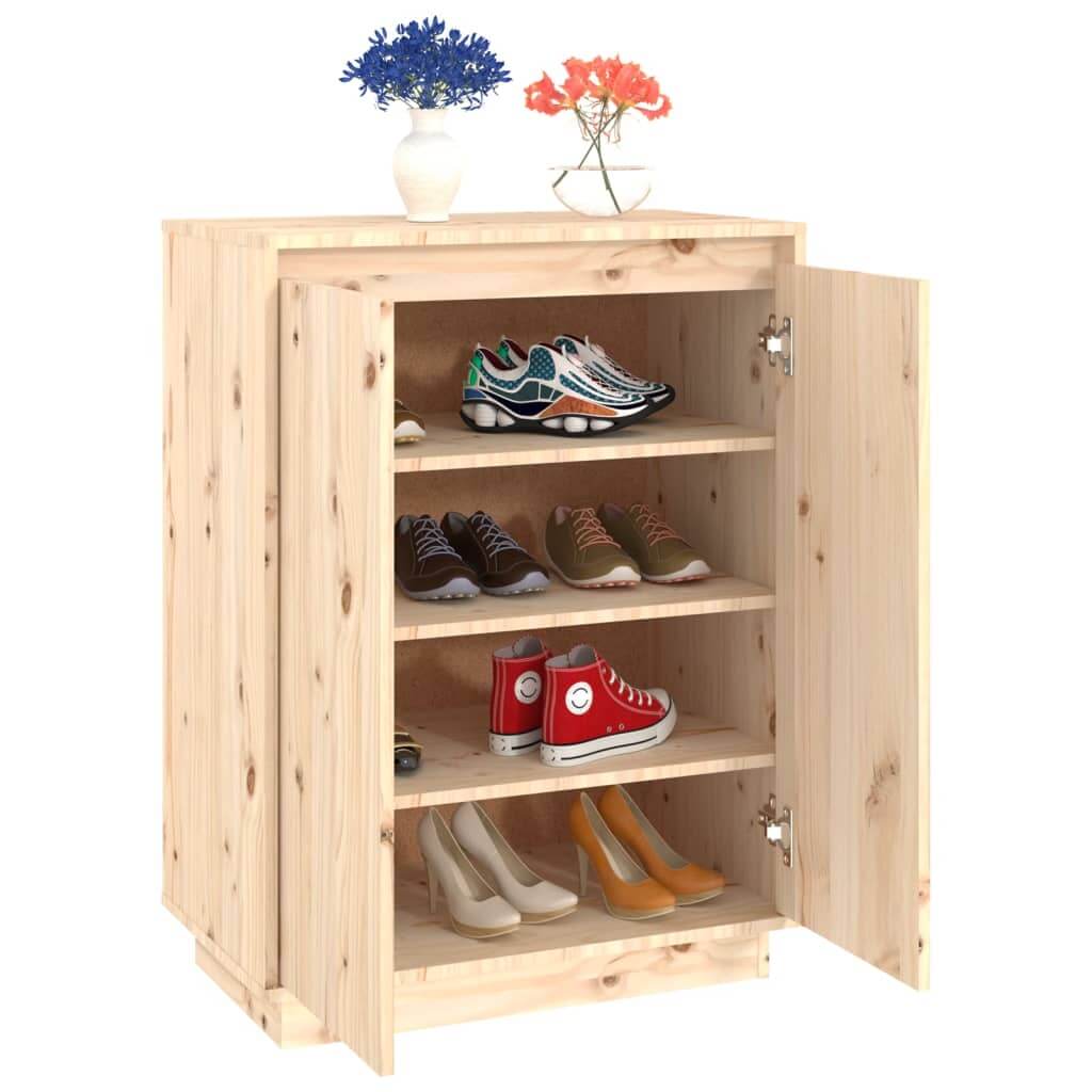 Shoe cabinet made of solid pine wood with open doors, showcasing organized footwear and decorative plants on top.