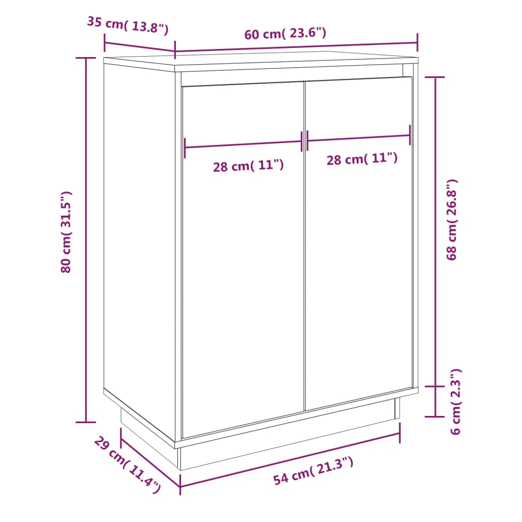 Dimensions of a solid wood pine shoe cabinet, 60x35x80 cm, showcasing width, height, and depth measurements for accurate fitting.