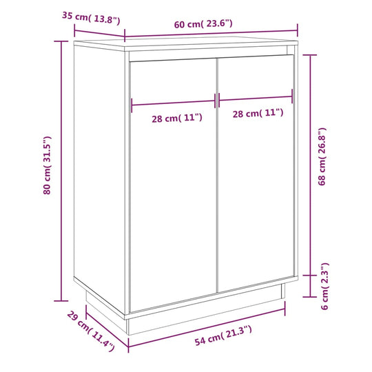 Dimensions of a solid wood pine shoe cabinet, 60x35x80 cm, showcasing width, height, and depth measurements for accurate fitting.