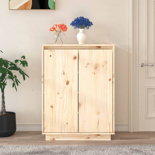 Wooden shoe cabinet in solid pine, featuring sleek design and decorative items on top, perfect for organizing footwear.